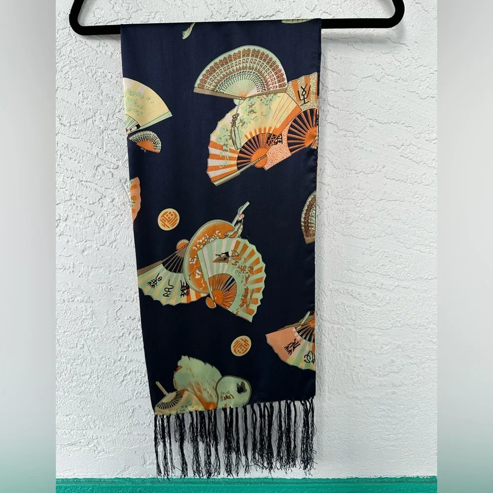 Scarf Silk Fan Pattern Fringe 44” X 10 1/2”